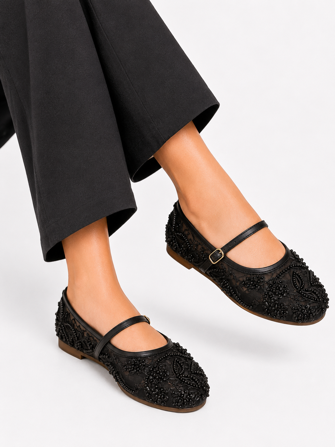 Midnight Bloom Embellished Mary Jane Flats