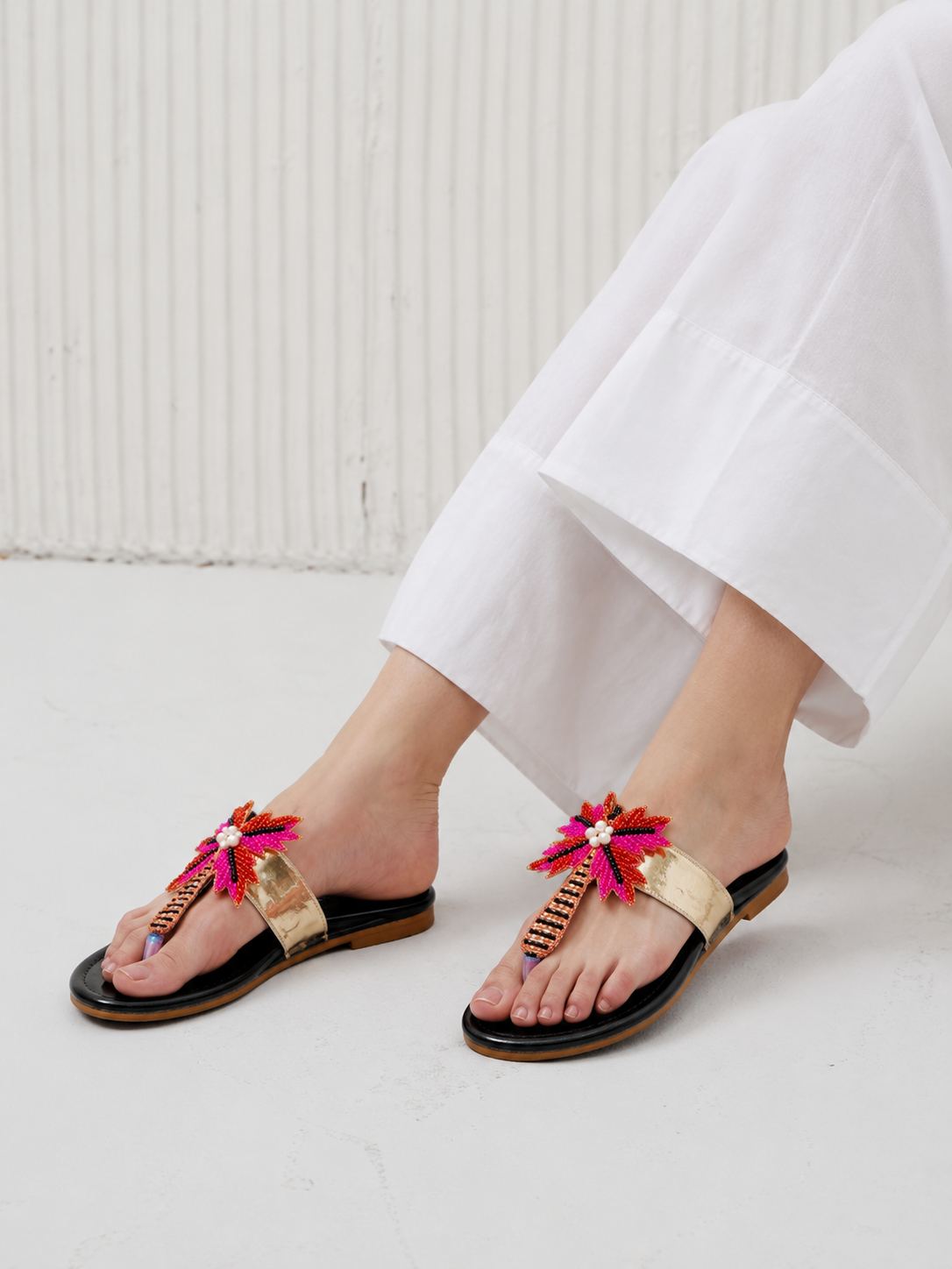 Floral Pearl Embellished Flat Sandals
