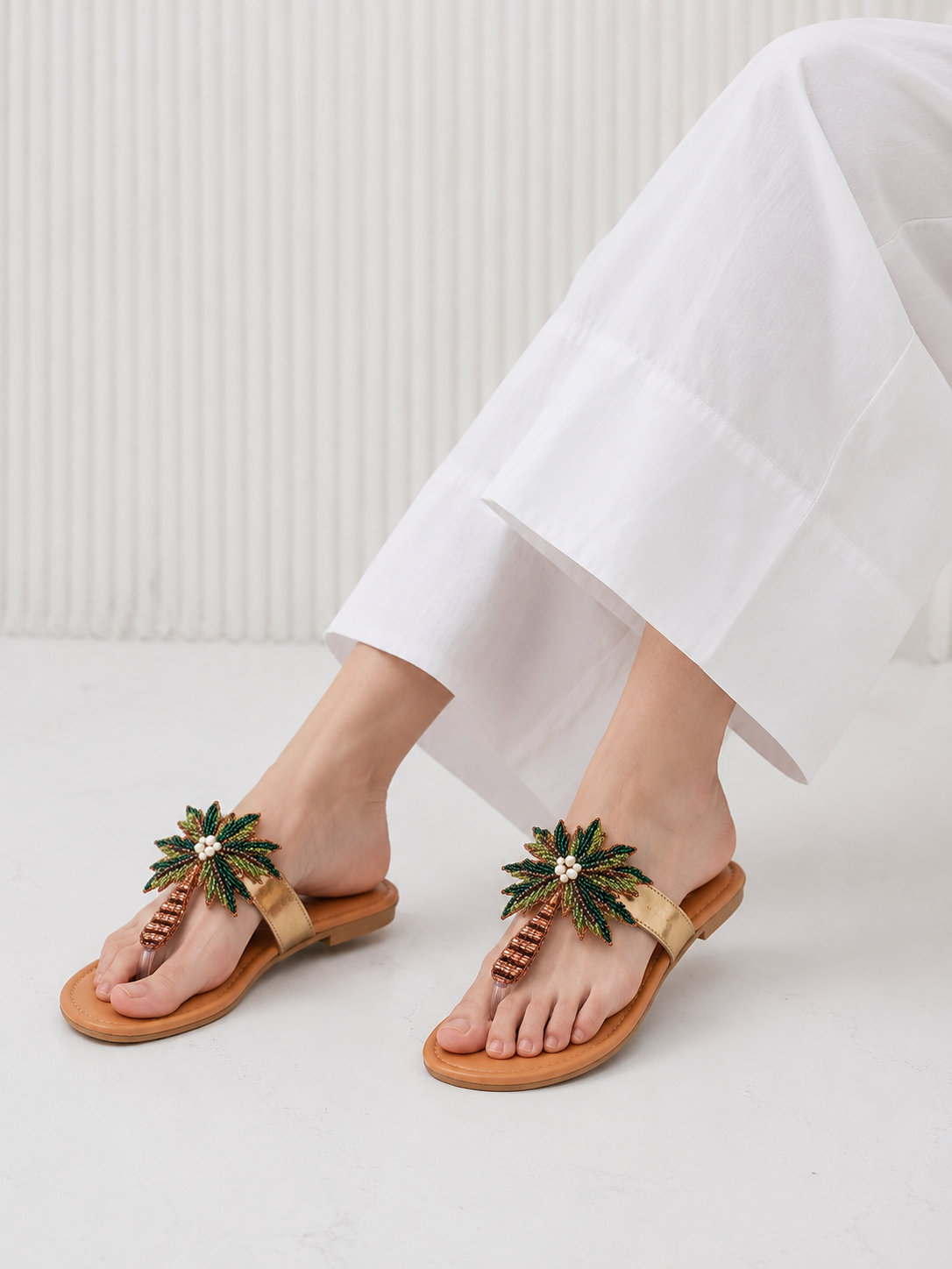 Floral Pearl Embellished Flat Sandals - Image 2