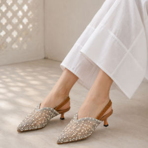Pearl Embellished Pointed Slingback Heels