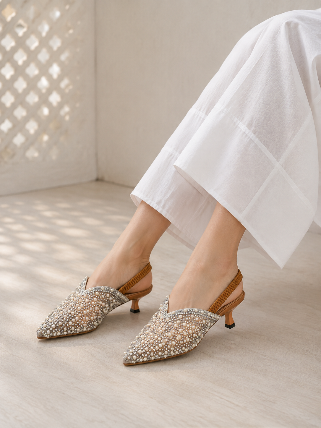 Pearl Embellished Pointed Slingback Heels