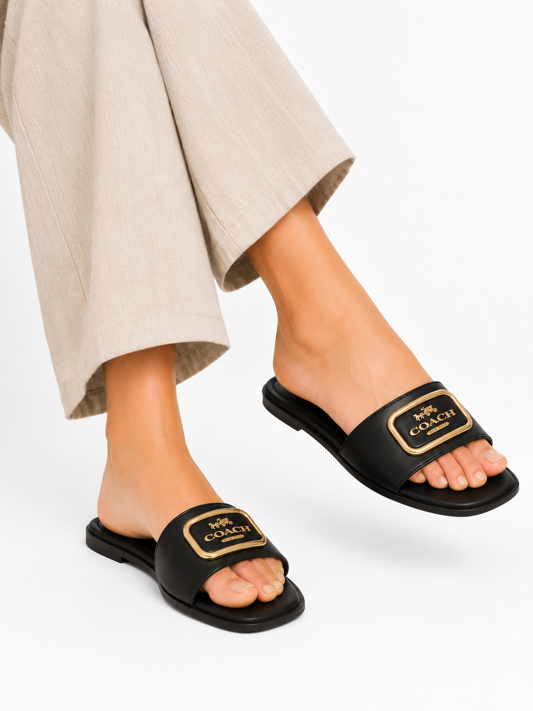 Classic Gold Buckle Flat Slide Sandals